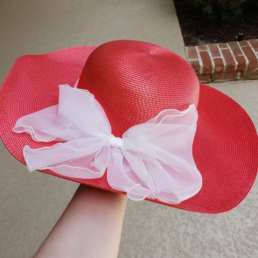 Red coral vintage sun hat with bow